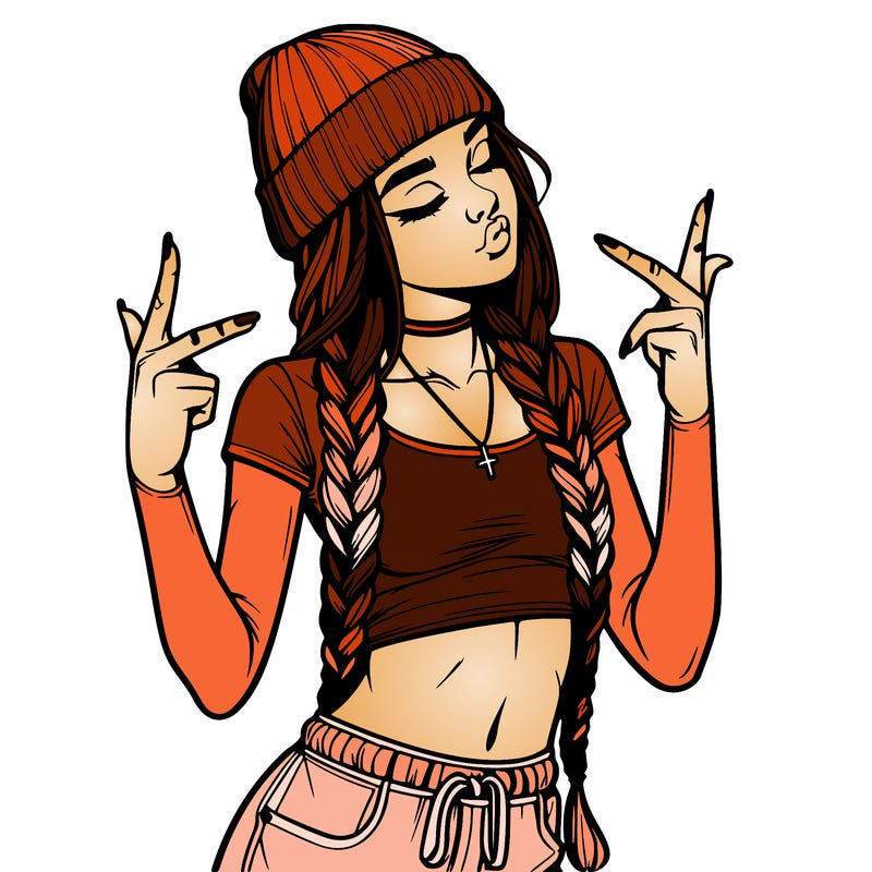 realistic teenage girl with braids and a beanie and crop top doing 🫶🏼