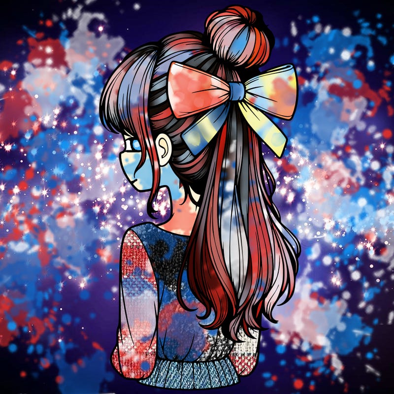 realistic girl  with hip length hair a bun and a big bow on the back of head