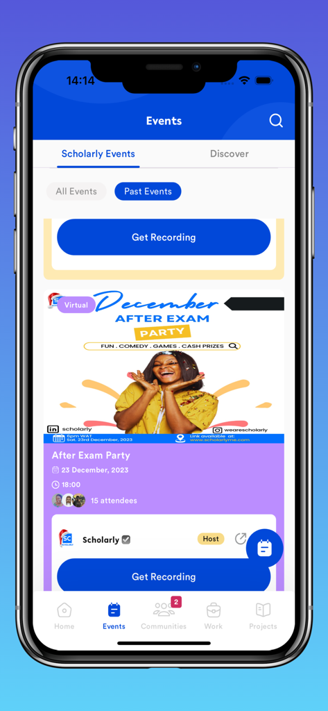 Scholarly: Earn as you grow - Scholarly app interface showing the events section with past event details and a get recording button