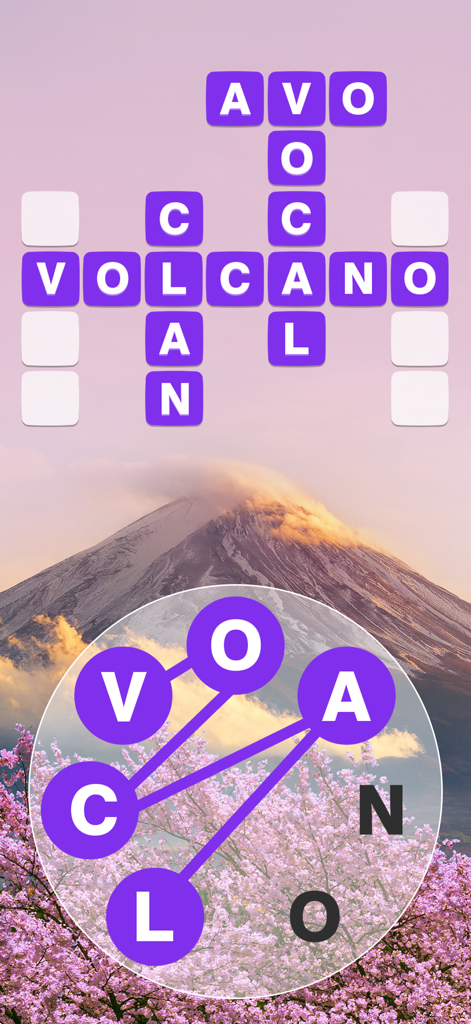 World of Wonders - Word Search - Juego de sopa de letras World of Wonders que presenta una cuadrícula de crucigrama sobre un paisaje del Monte Fuji con flores de cerezo