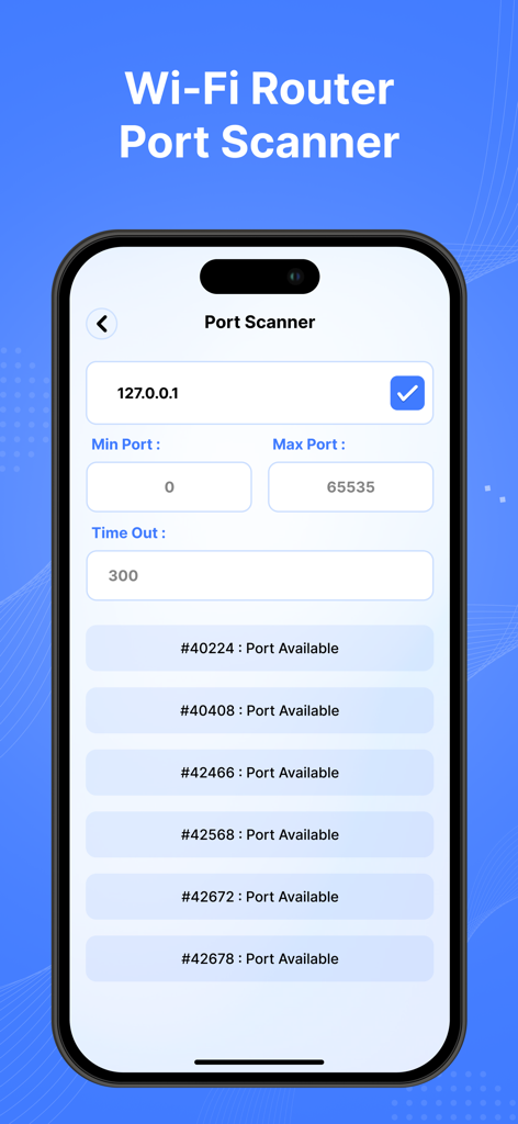 Interfaccia dello strumento di scansione delle porte all'interno dell'app "Tutte le Password WiFi del Router" che mostra le porte di rete disponibili