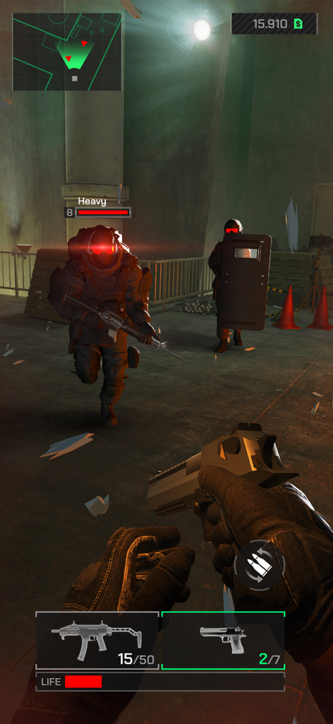 HEADSHOT INC. - Jugabilidad de combate táctico FPS en HEADSHOT INC con enemigos blindados y UI de selección de armas.