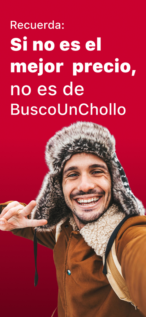 Um homem sorridente com um chapéu de inverno posando contra um fundo vermelho com texto prometendo os melhores preços de viagem