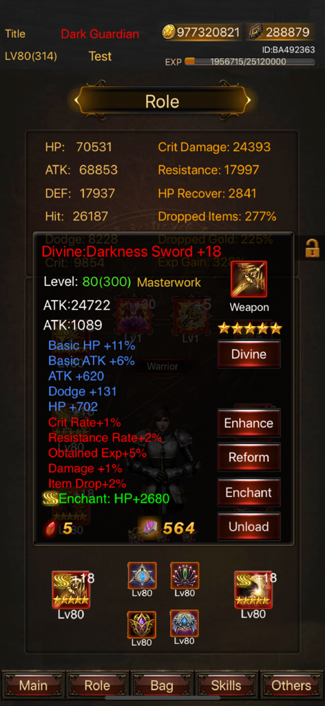 Legend of Darkness - Legend of Darkness character screen showing hero attributes and divine sword stats