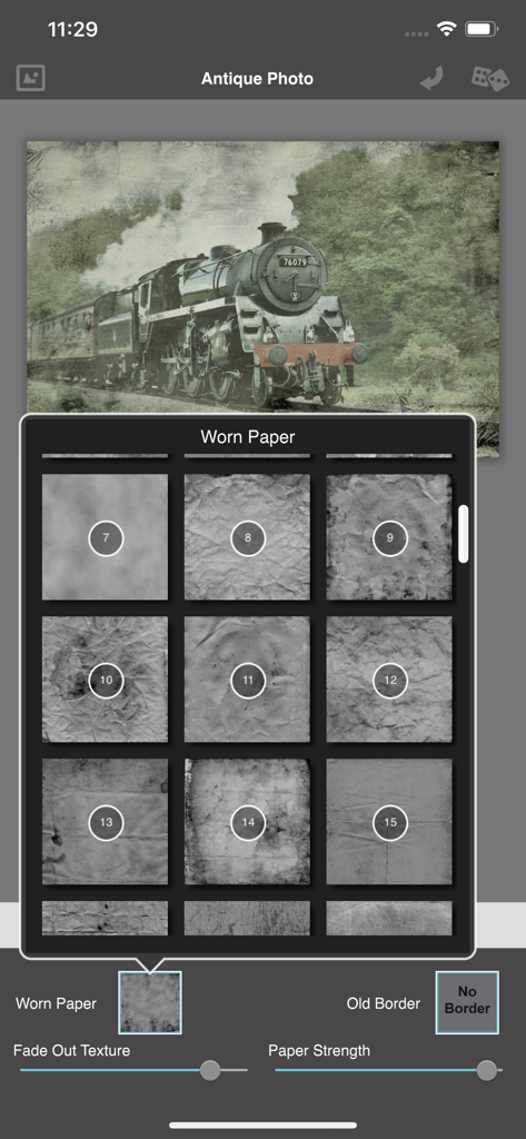 Vintage Scene - User interface of the Vintage Scene app displaying worn paper texture options for an antique photo effect