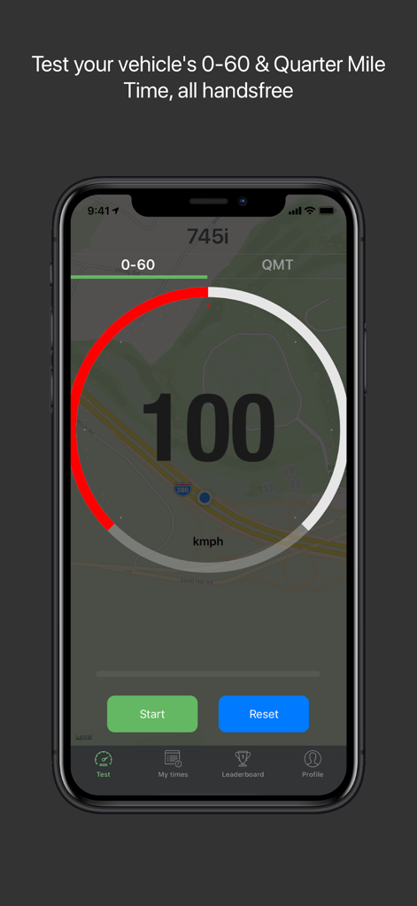 FastR - 0-60 Acceleration Test - A interface do aplicativo FastR exibindo um teste de aceleração e 400m de 0 a 100 km/h ativado por voz com um medidor de velocímetro sobre um mapa.