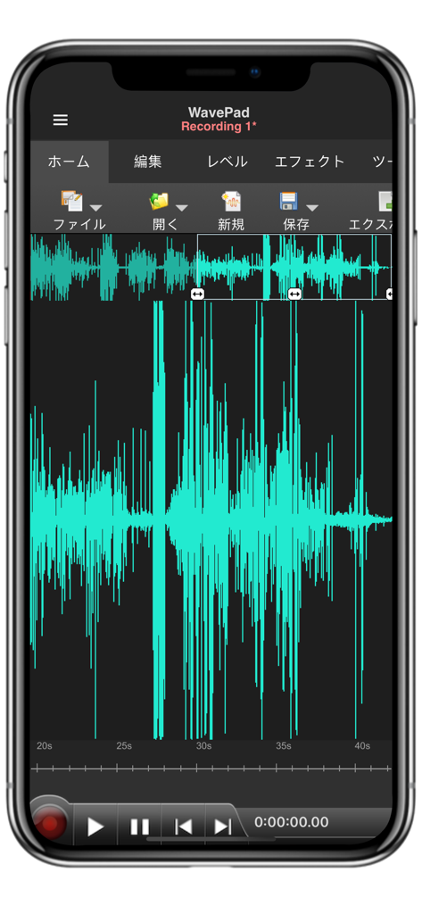 Professionelle Audio-Wellenformbearbeitungsoberfläche in der WavePad Master Edition Mobile App