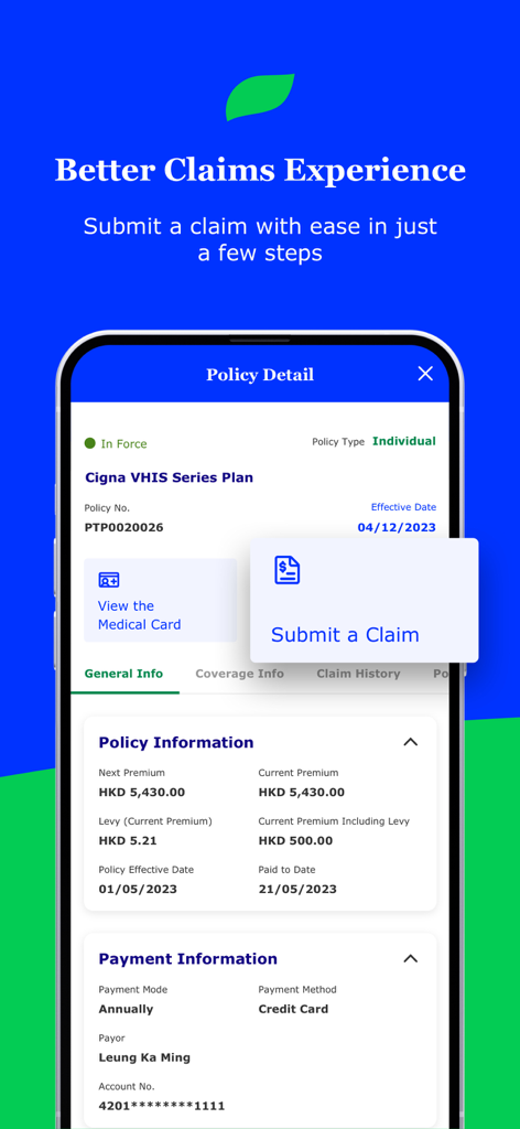 MyCigna HK mobile app interface for managing medical insurance policy and submitting claims.