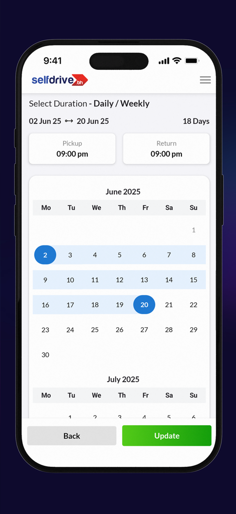 Interfaz de la aplicación móvil SelfDrive que muestra un calendario para seleccionar las fechas de recogida y devolución del alquiler de coches