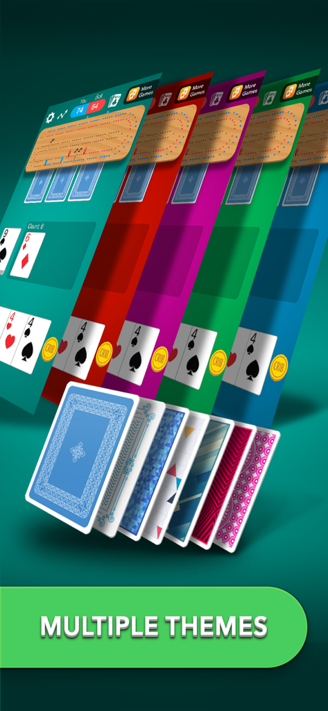 Cribbage card game - Exhibición de varios temas de color de fondo y patrones de reversa de cartas para el juego de cartas Cribbage.