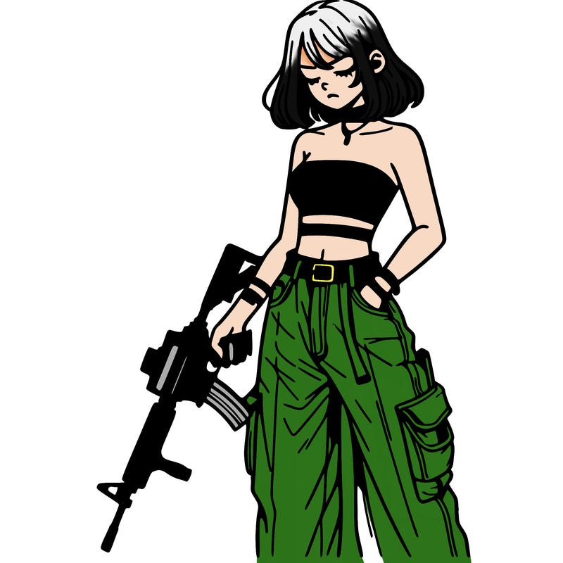 a dangerous girlcrop top and baggy jeans with a rifle in her hand