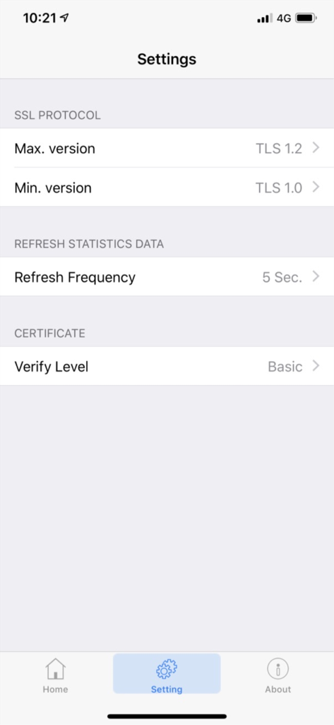 Settings menu in Smart-VPN app displaying SSL protocol and certificate security options.