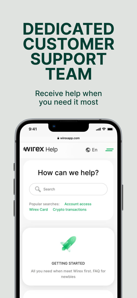 Wirex: All-In-One Trading App - A smartphone showing the Wirex help center and customer support interface