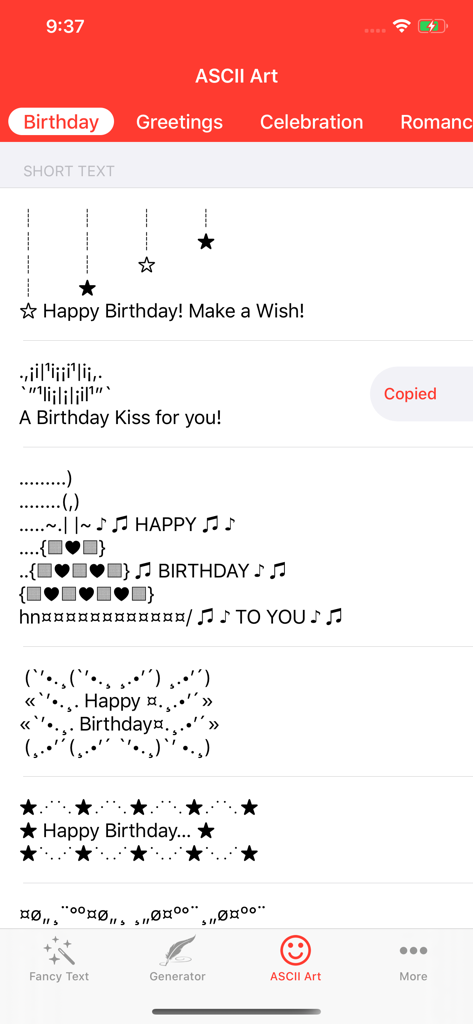 Fancy Text Symbols - A list of decorative ASCII art birthday message templates within the app interface