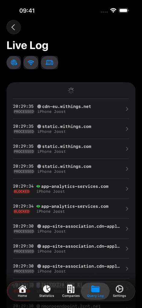 Live Log screen showing real-time network requests and blocked domains on an iPhone