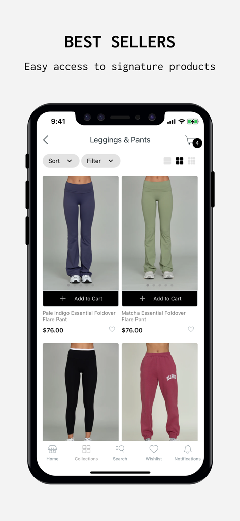Gold Hinge - App móvil Gold Hinge mostrando la categoría de los más vendidos de leggings y pantalones para mujer.