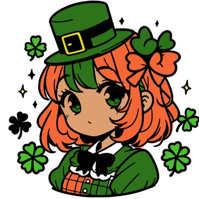 a manga-style girl with clovers around her, a little hat in her hair, like it's saint patrick's day