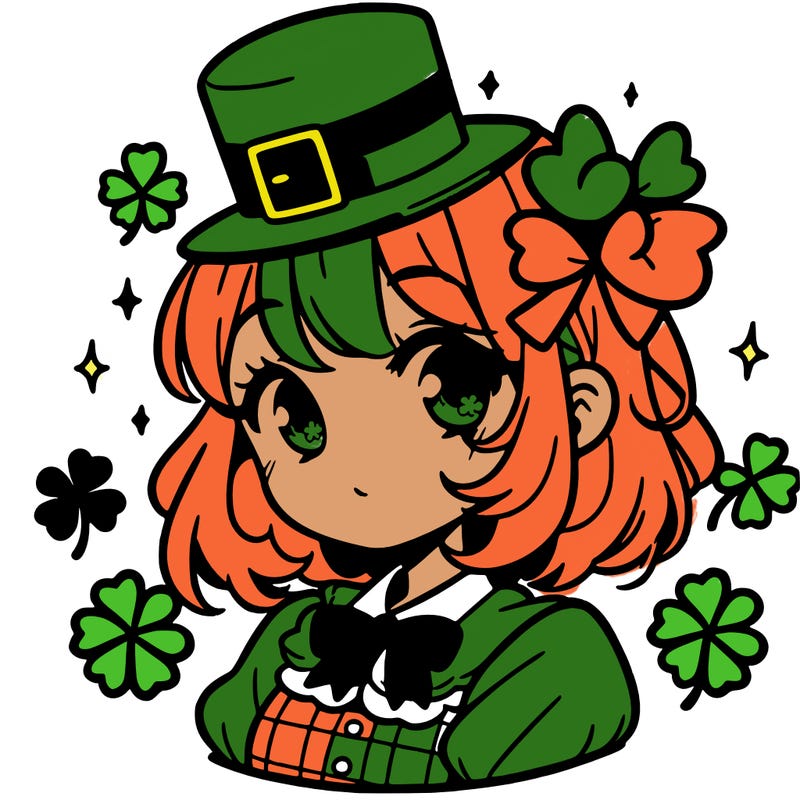 a manga-style girl with clovers around her, a little hat in her hair, like it's saint patrick's day