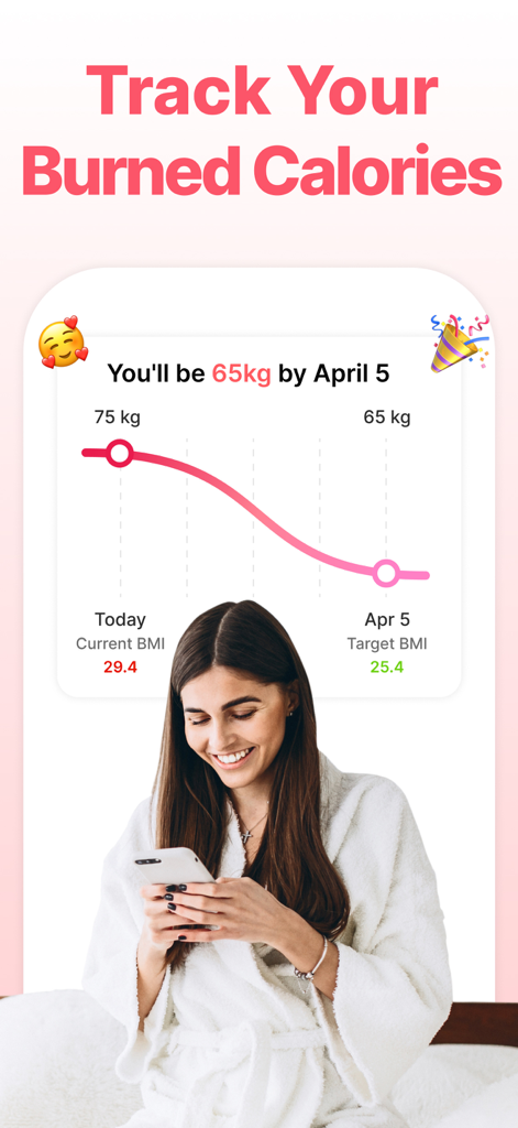 SheFit: Home Workout for Women - A woman in a white bathrobe smiling while looking at a weight loss and BMI progress chart on the SheFit app.