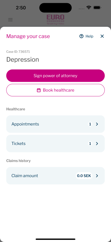 Euro Accident 2.0 - Interface of the Euro Accident 2.0 app displaying a specific insurance case management screen with options to sign power of attorney and book healthcare.