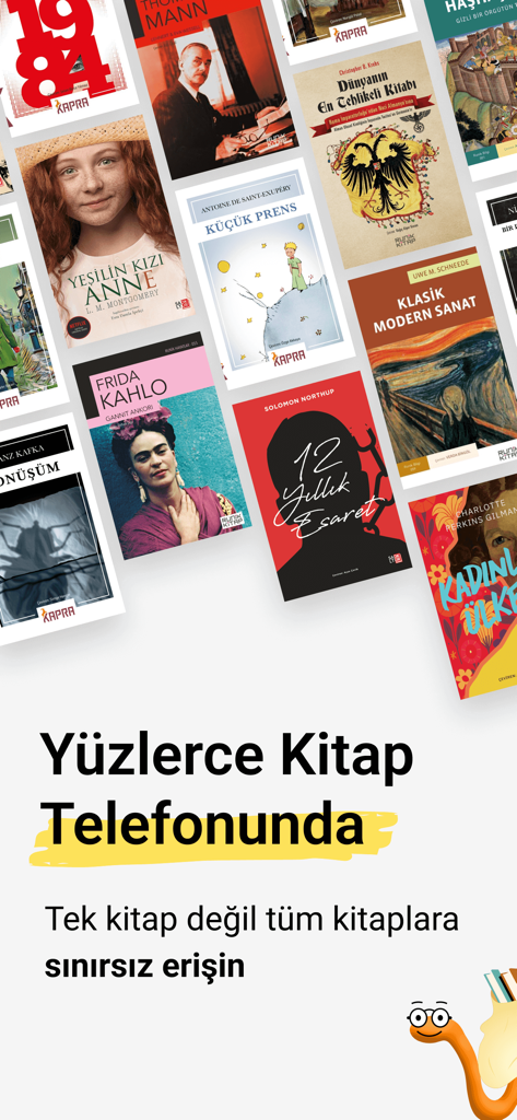 Kitapyurdu E-Kitap app display showing a library of hundreds of books with unlimited access on mobile.