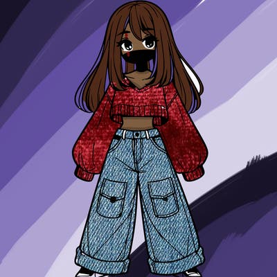 cute girl with straight hair in baggy jeans and a crop top and a sweater