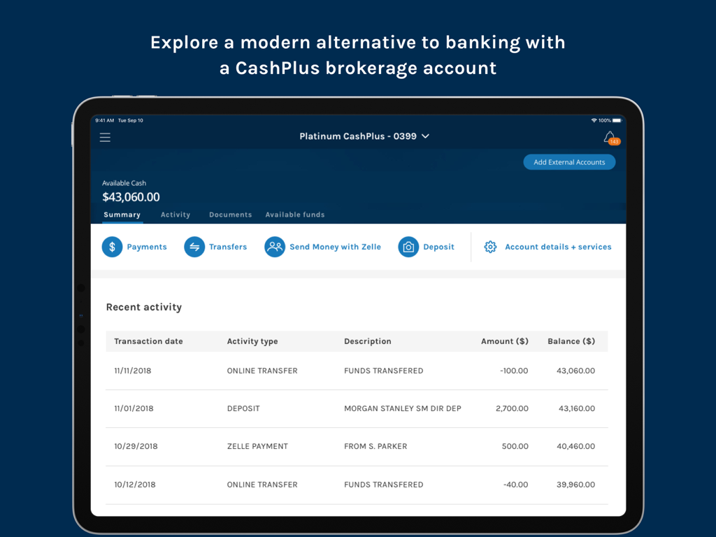Morgan Stanley Wealth – Tablet - Morgan Stanley Wealth tablet app displaying a CashPlus brokerage account summary and recent transactions.