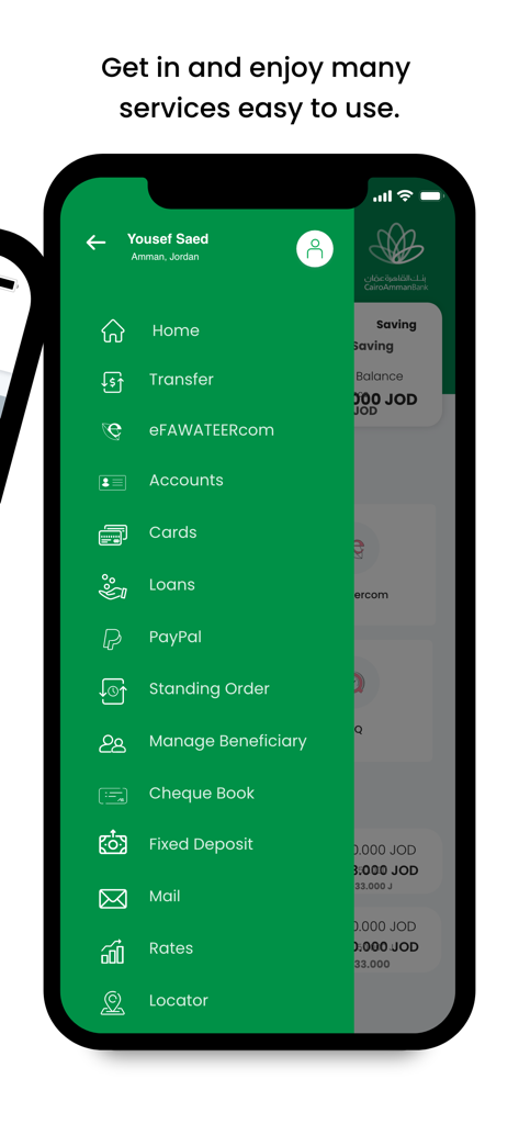 CAB Mobile Banking - Menu laterale dell'app di mobile banking Cairo Amman Bank con servizi finanziari