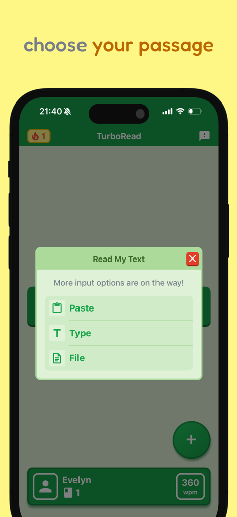 Speed Reading App - TurboRead - Interfaz de la aplicación TurboRead mostrando opciones de entrada de texto personalizada como pegar, escribir y subir archivos para lectura rápida.