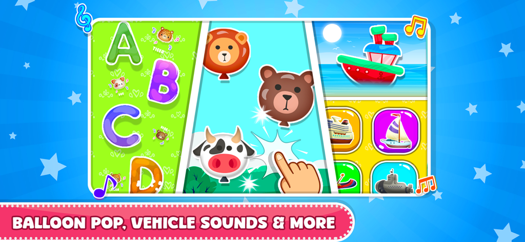Simple Piano Songs Music Games - Educational mini games screen showing alphabet and animal balloon pop features