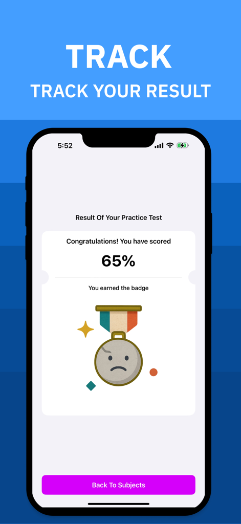English A1-C2 Grammar Quiz - Una pantalla de aplicación móvil que muestra una puntuación del 65 por ciento en una prueba práctica de gramática inglesa con un ícono de medalla.