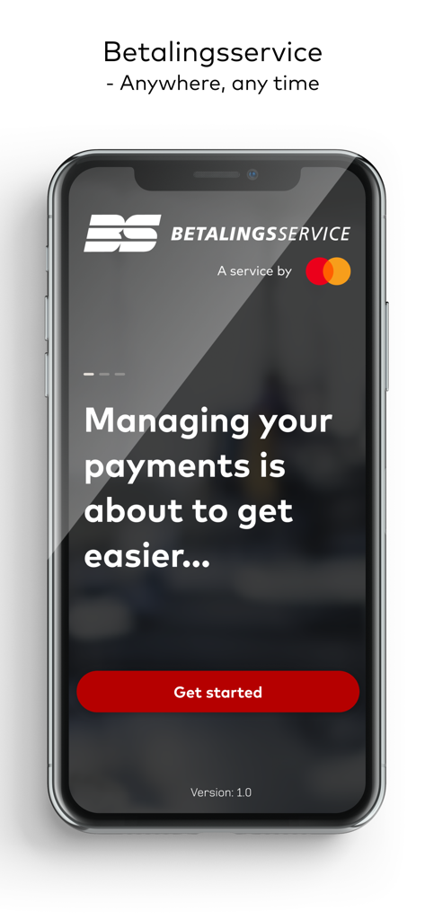 Welcome screen of the Betalingsservice app showing the Mastercard logo and a get started button