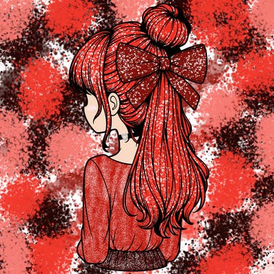 realistic girl  with hip length hair a bun and a big bow on the back of head