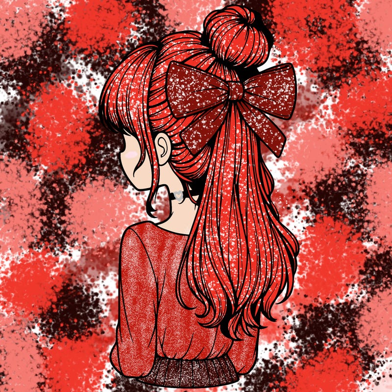 realistic girl  with hip length hair a bun and a big bow on the back of head