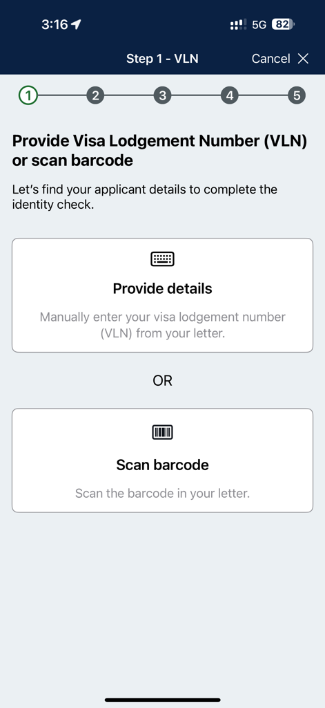 Australian Immi App screen for entering a Visa Lodgement Number or scanning a barcode