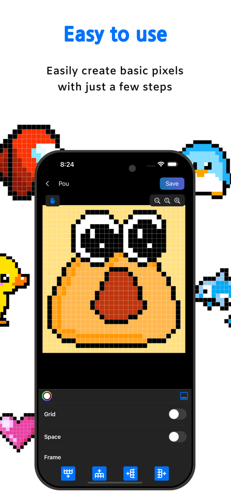 Pixels Art Maker - Smartphone screen showing the Pixels Art Maker app interface with a pixel art drawing of a character