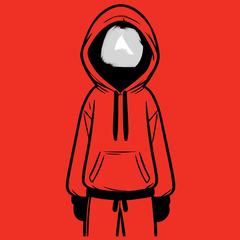 faceless girl in a tracksuit with a hood on and no hair