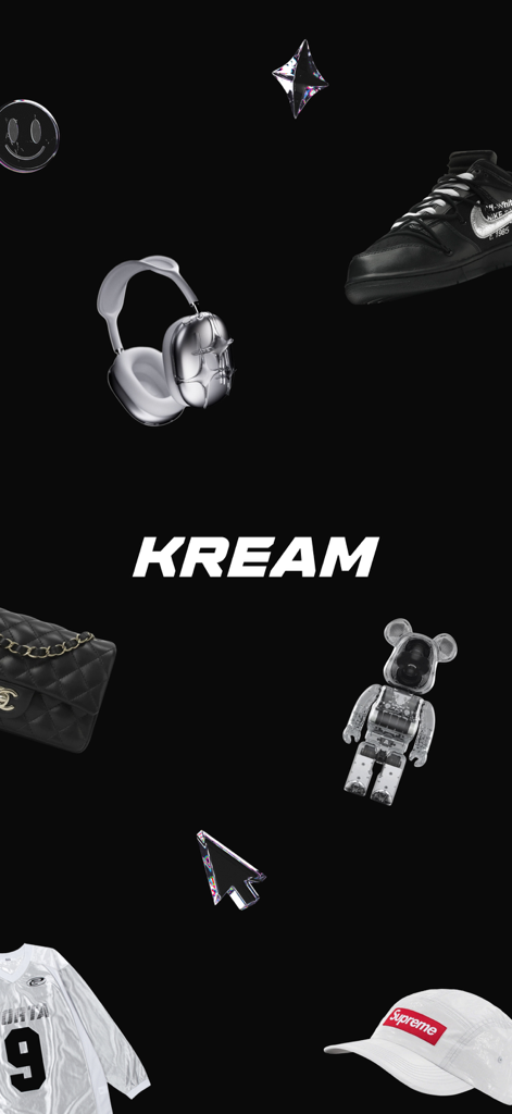 KREAM app logo surrounded by luxury limited-edition items including sneakers, a Chanel handbag, and streetwear accessories on a black background.