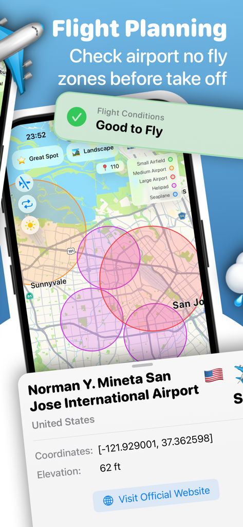 Vista mappa nell'app Drone Map che mostra restrizioni aeroportuali e stato di sicurezza del volo