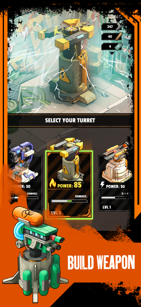 Zombiepunk gameplay screen showing the selection of different turrets to build weapons
