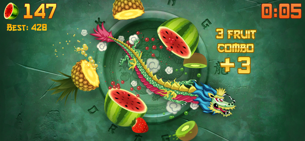 Fruit Ninja gameplay featuring the dragon blade slicing through various fruits for a combo bonus