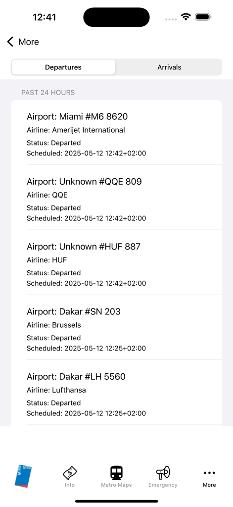 브뤼셀 지하철 노선도 애플리케이션 내에서 다양한 도시의 항공편 출발 목록