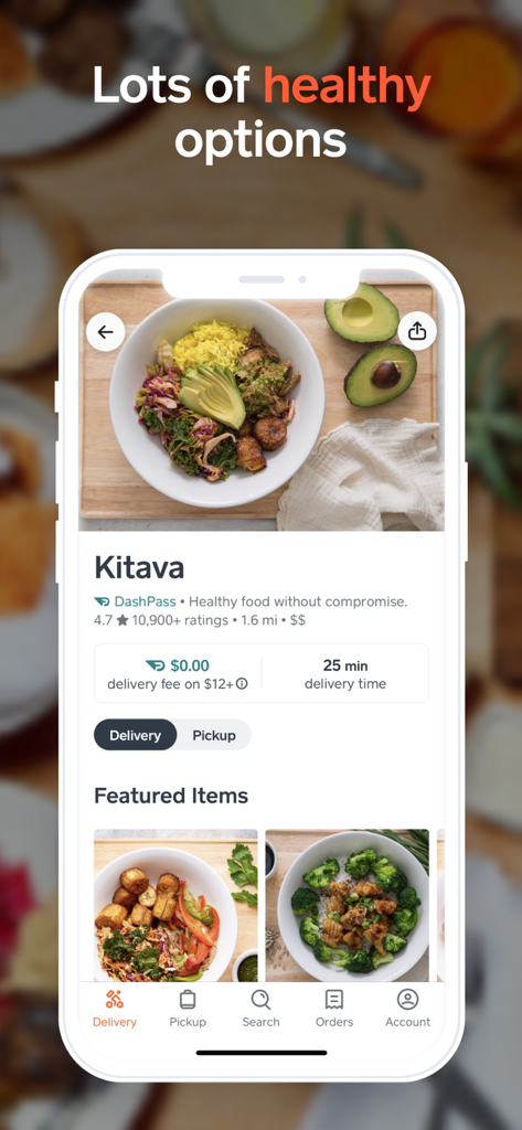 Interfaz de la aplicación Caviar que muestra opciones de comida saludable del restaurante Kitava con cuencos de cereales con aguacate y verduras.