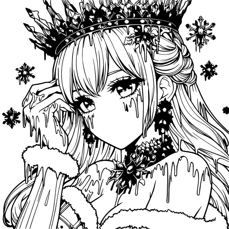 a realistic fantasy manga queen covered in ice