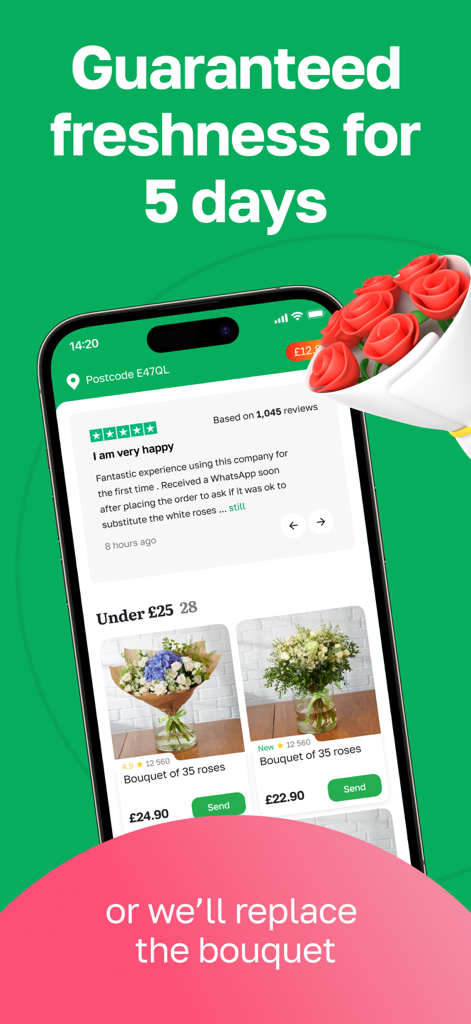 Flowers delivery - Myflowers - Myflowers app interface displaying a 5-day freshness guarantee and bouquets under 25 pounds