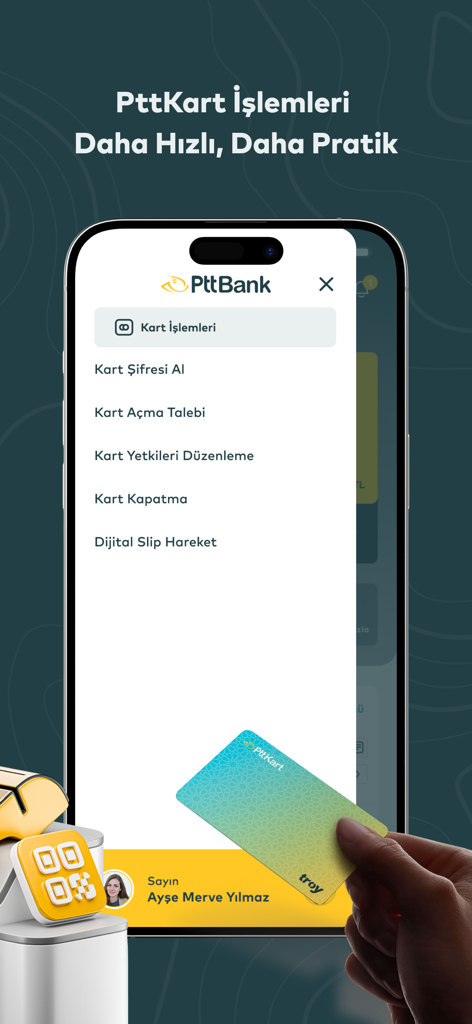 PTTBank mobile app card transactions menu for managing PttKart services
