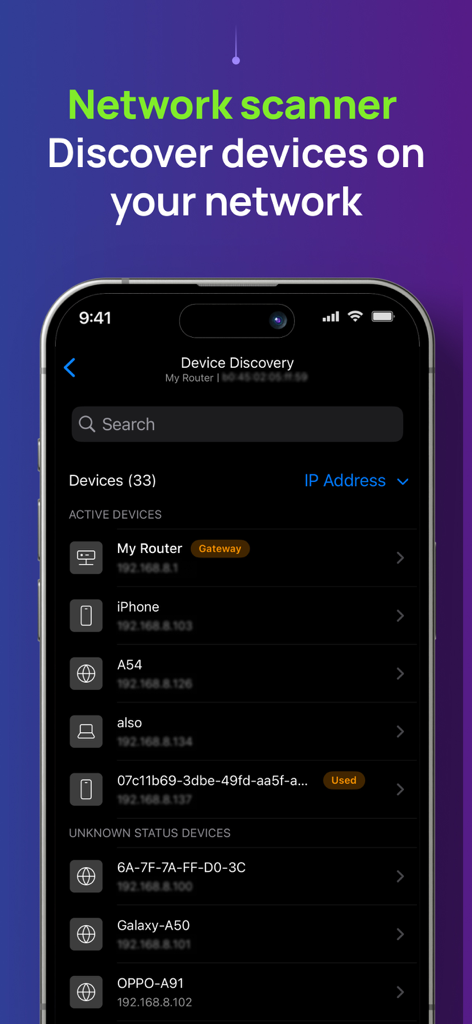 NetSpot WiFi Analyzerアプリの画面で、ネットワークスキャナーツール内の接続されているデバイスのリストとそのIPアドレスを表示