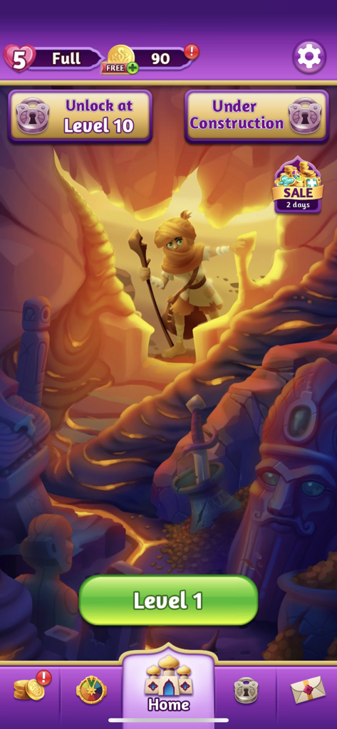 Genies and Gems home screen showing level one start button and character Jenni in a mystical cave