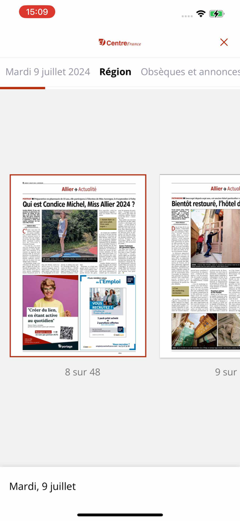 Digital replica of a French newspaper page in the Centre France Le Journal app