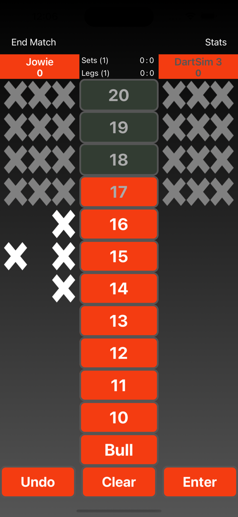 DartCohol dart scoreboard app screen showing a cricket match scoreboard with player scores and simulator progress